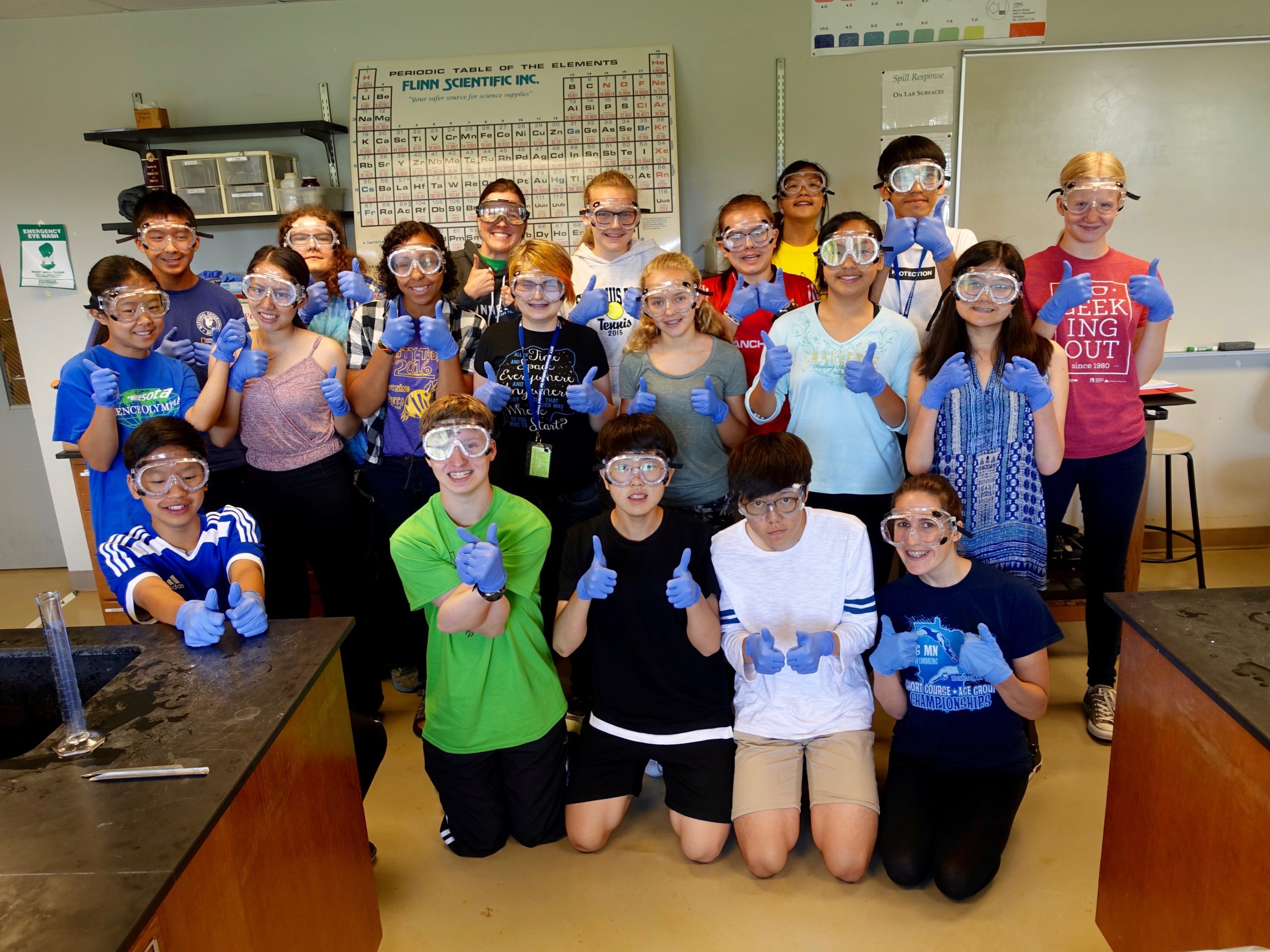 EYM Chemistry poses MITY EYM students with goggles and gloves on in a chemistry class